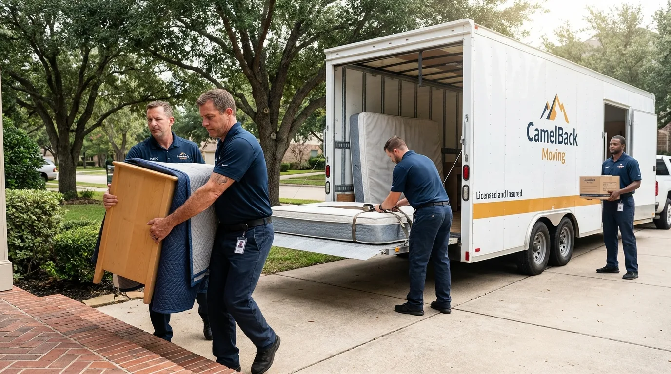 Crew loading residential truck for cross-state move from San Bruno, CA