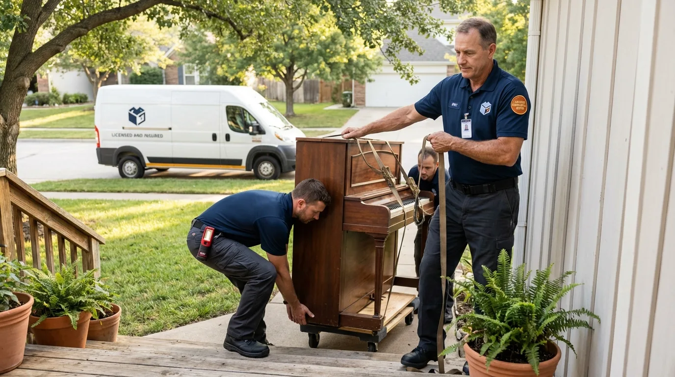 Licensed piano movers securing grand piano in San Bruno, CA