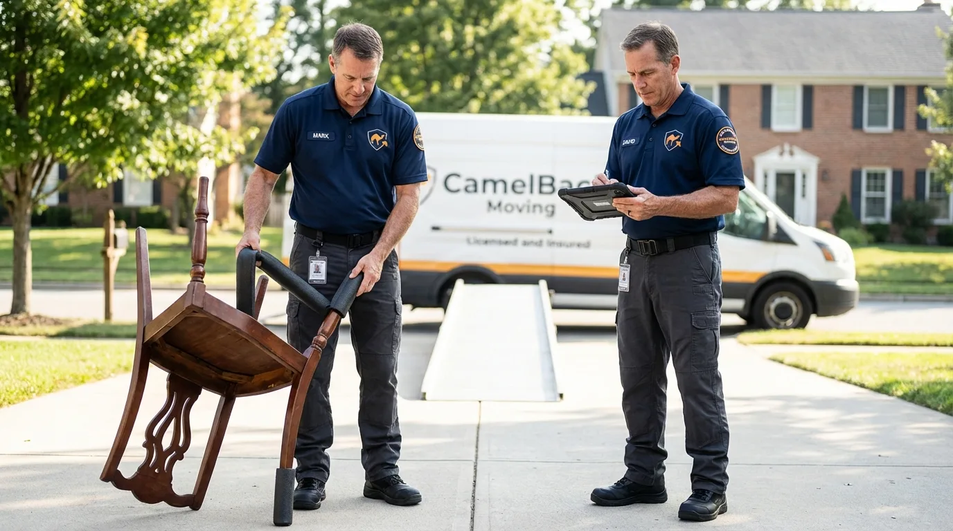 Movers inspecting furniture for damage prevention before loading in San Bruno, CA