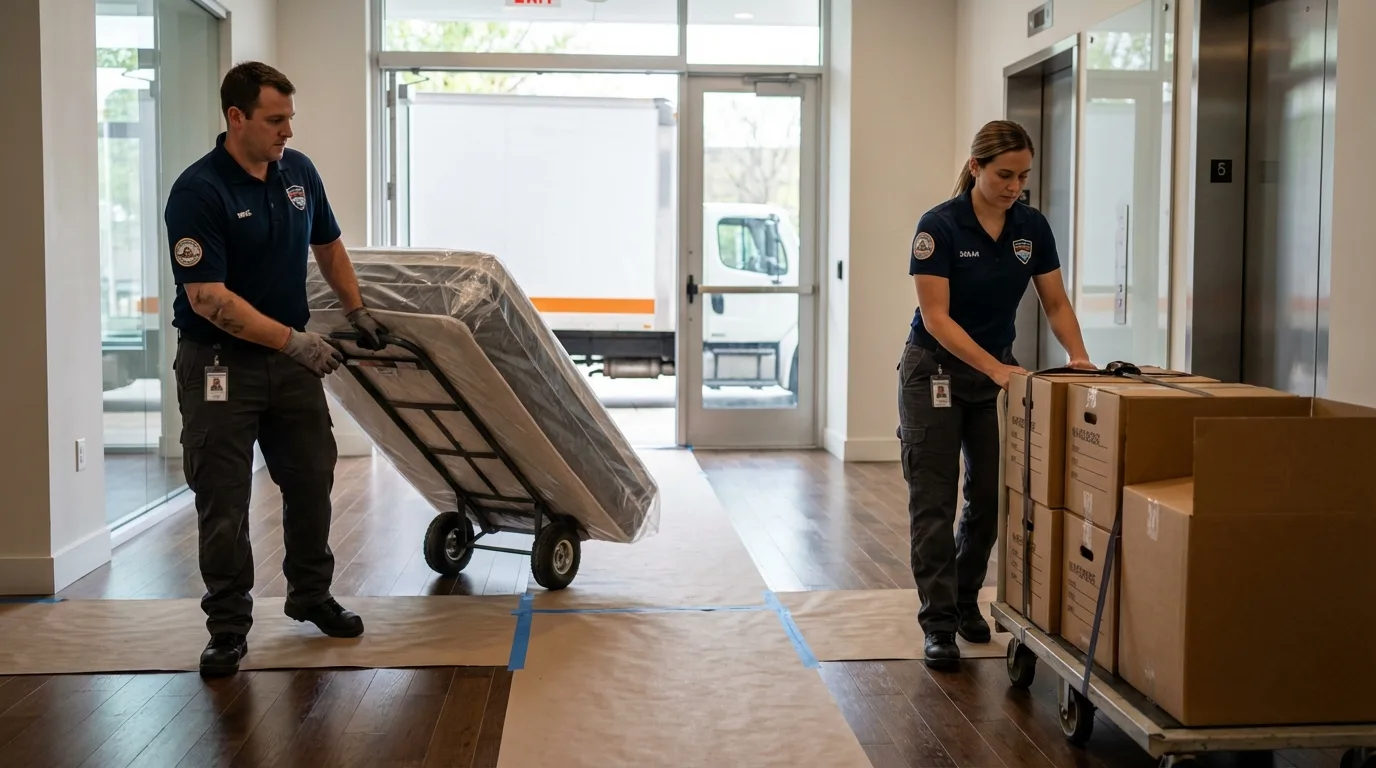 Professional apartment movers loading elevator in San Bruno, CA