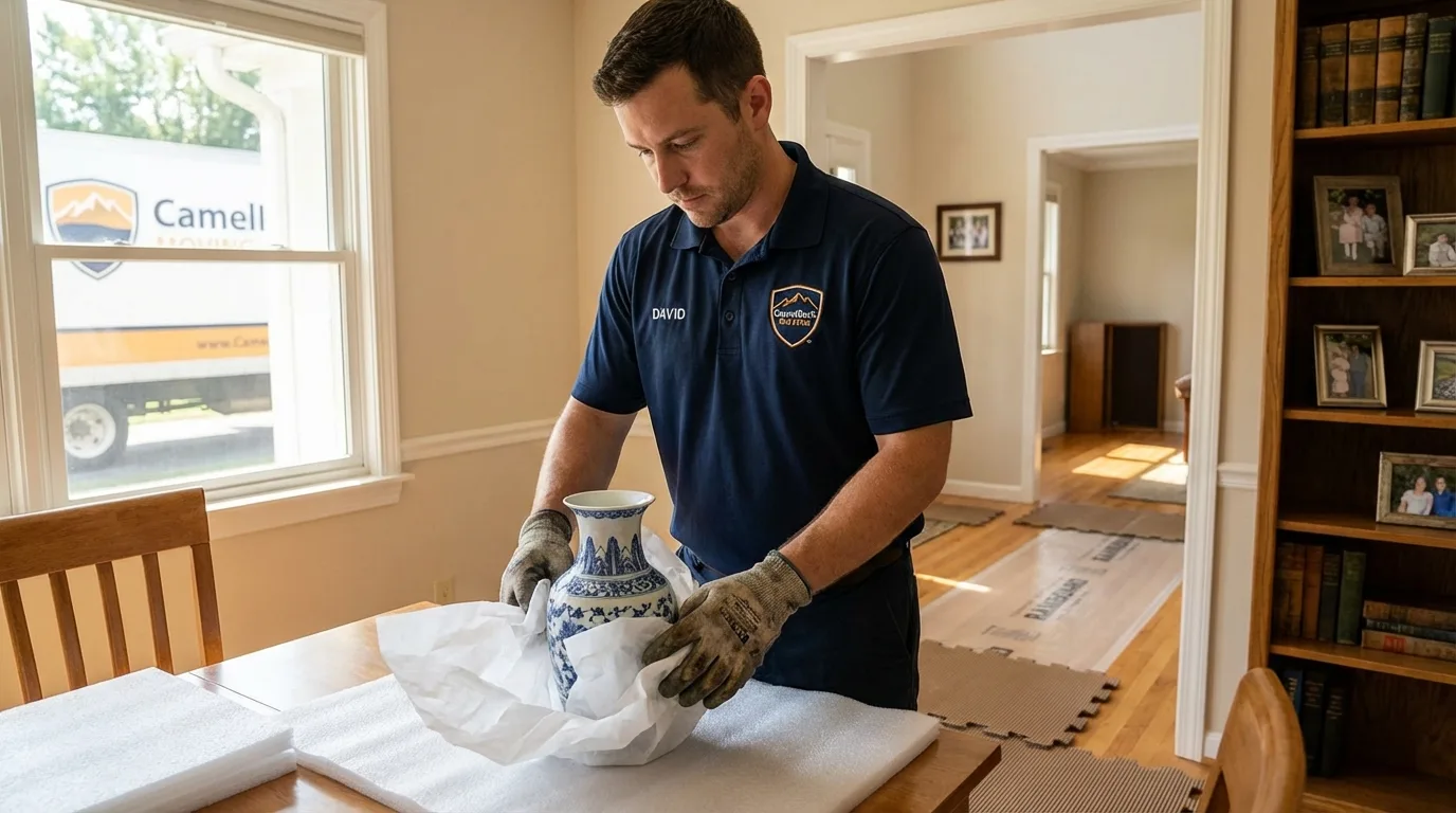 Professional crew carefully wrapping antique vase for senior downsizing move in San Bruno, CA