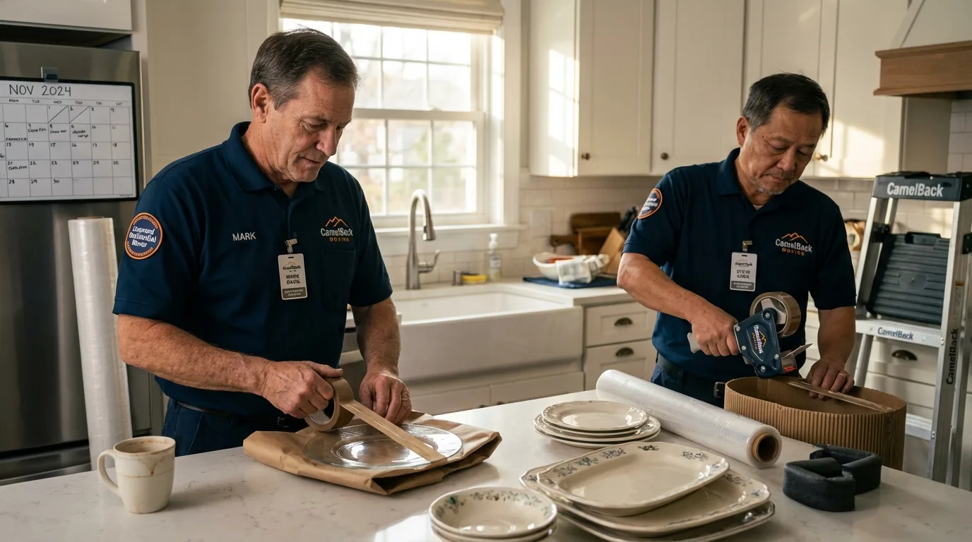 Professional crew packing kitchen dishware in San Bruno, CA